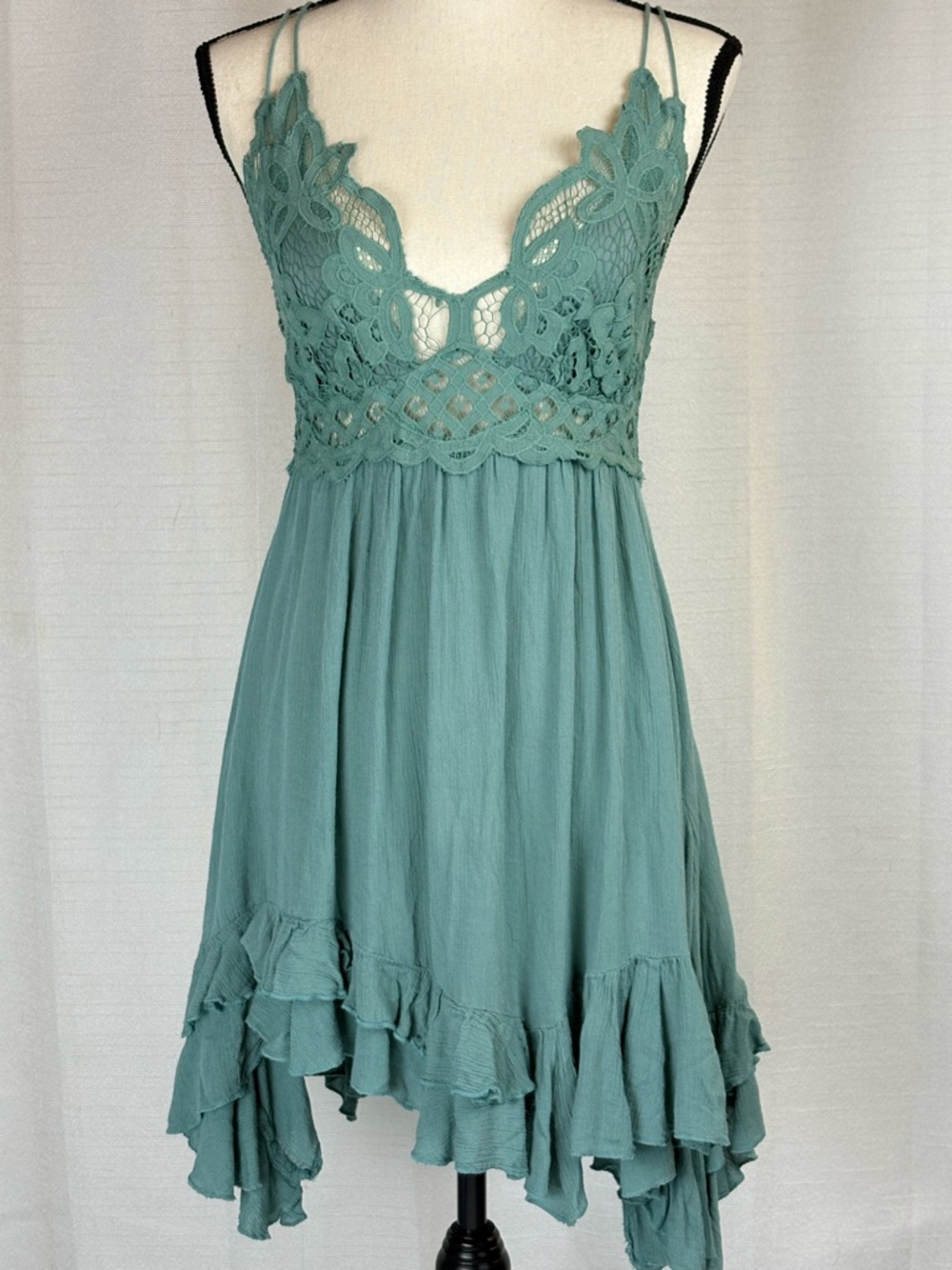 Free People Boho Lace Mini Dress Sage Green Flowy Festival M